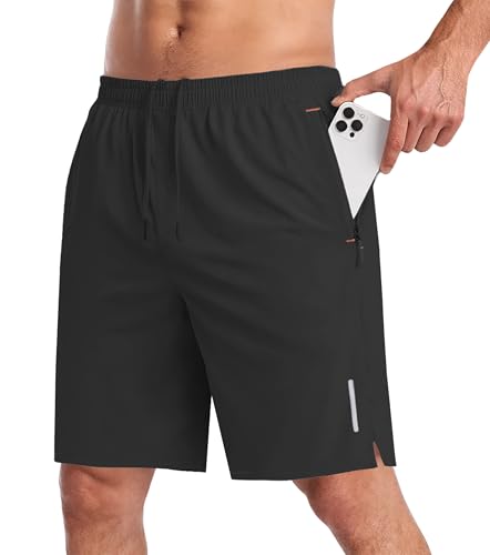 PEGENO Mens Athletic Shorts 7 Inch Elastic Waist Lightweight Quick Dry Running Shorts for Workout Running Hiking,Black,Large