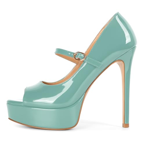 Image of SAMMITOP Women's Peep Toe High Heels Platform Stiletto Pumps Patent Mary Jane Heels 5.5 inch Party Wedding Dress Shoes