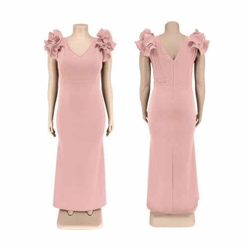 Image of Ekaliy Women's Plus Size Maxi Dress Elegant V-Neck Ruffle Sleeves Bodycon Mermaid Evening Gown