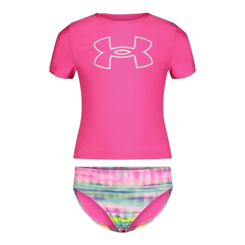 Image of Under Armour Girl's Short Sleeve Rashguard Surf Shirt and Swim Bottoms Set, UPF 50+ Sun Protection, Quick-Dry Bathing Suit