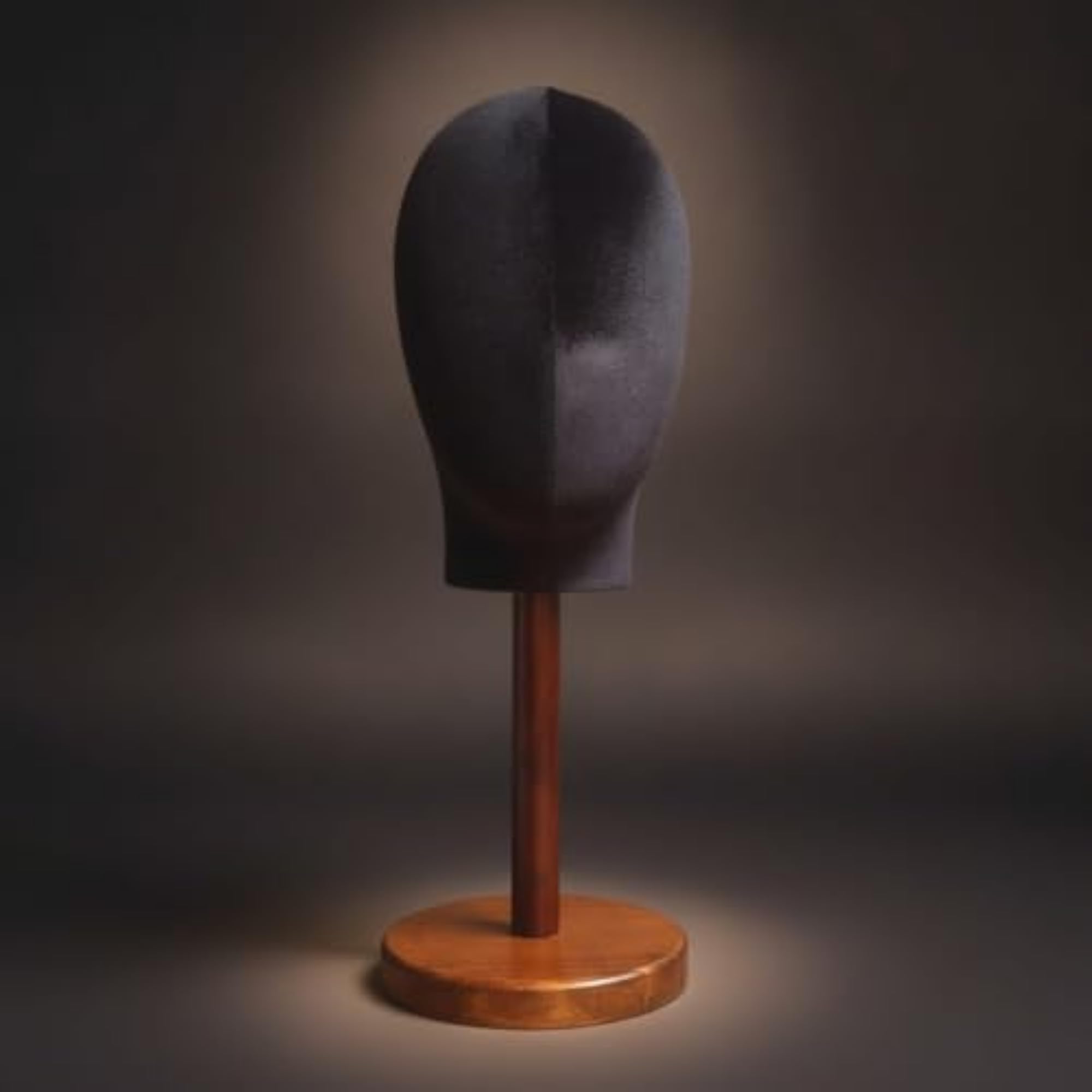 Velvet-Covered Hairpiece Head with Wooden Base