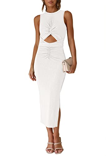 Lasuiveur Women's Summer Sleeveless Bodycon Midi Dresses Cut Out Knit Crisscross Twist Ruched Slit Tank Midi Dress White S #TOP5