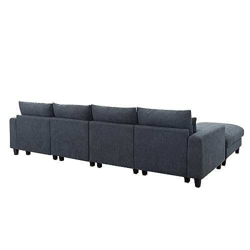 ERYE 124.4" Queen Modular Sectional Sofa W/Down Feather Filled & Reversible Lounge Chaise, L-Shaped Corner Sofa&Couch with Movable Ottoman for Home Apartment,Hotel Living Room Furniture Sets, Grey