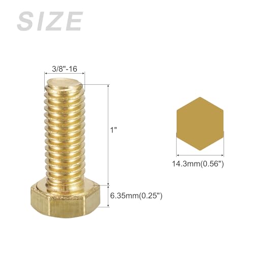 Image of METALLIXITY Hex Head Screw Bolt (3 /8-16x1) 2Pcs, Brass Fully Threaded Solid Brass Hex Bolts Machine Screws - for Machinery Repair