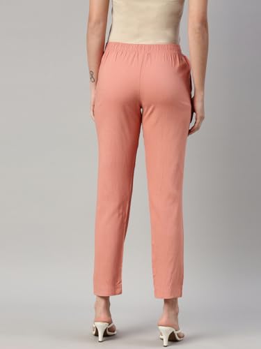 Image of MINELLI Women Solid Cigar Pants, Cotton Lycra Slub Fabric, Elasticated Waistband, Pull On Style, Regular Fit Bottom Wear for Western and Ethnic Wear
