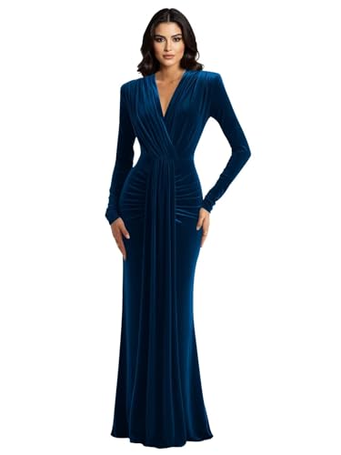 aseting Dark Blue Velvet Dress for Women Long Sleeve Classy