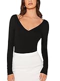 Verdusa Women's Basic V Neck Long Sleeve Slim Fitted Tee T Shirt Top Black S