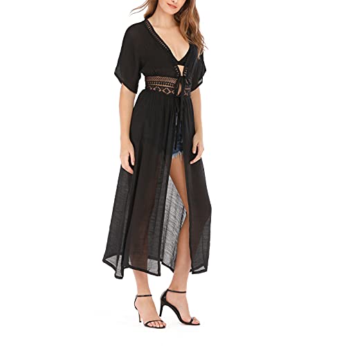 Carolilly Bikini Cover Up Strandkleid Damen Lang Kleid Boho Damen Sommer Kimono Damen Lang Boho Kleid Lang Bademode Damen (Schwarz A, L, l) Cover