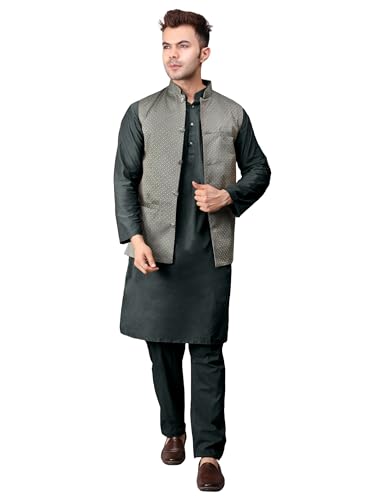 Image of Men's Cotton Silk Blend Regular Kurta Pyjama, Embroidered Nehru Jacket /Waistcoat Set