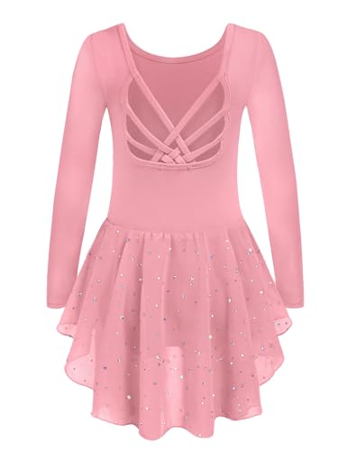 Image of Arshiner Girls Long Sleeve Ballet Leotards with Shinny Skirts Criss-Cross Back Dance Dresses
