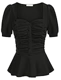 Damen Bluse Kurzarm Elegant Quadratischer Ausschnitt Rüschensaum Oberteile Tops T-Shirt Büro Basic Viktorianischer Stil Sommer Schwarz M