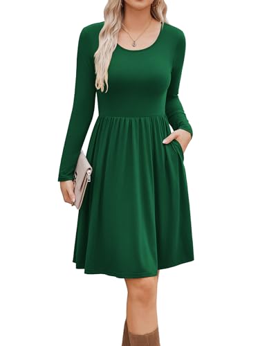 Zeagoo Damen Kleid A-Linie Freizeitkleider Rundhals Midikleid Langarm Elegant Kleider mit Taschen Grün XXL