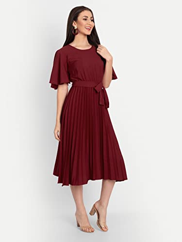 Image of KUDUZO Women's Crepe Long Pleated Below Knee Length Flutter Sleeve Round Neck S to XL Maxi Dress for Girls. (EG-U0IM-B9A1)