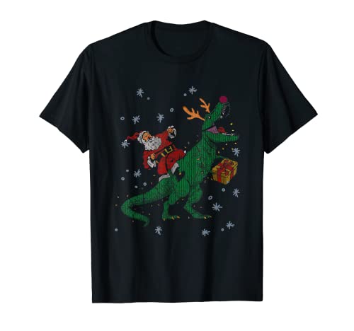 Dinosaur Funny Xmas Tree Santa T-rex Elf Santa Snowflakes Camiseta