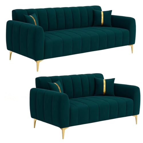 Image of FURNY Harmony 5 Seater Fabric 3+2 Sofa Set (Greenish Teal) with Golden Finish Legs | Premium Velvet Finish | Durable & Comfortable | Ideal for Living Room