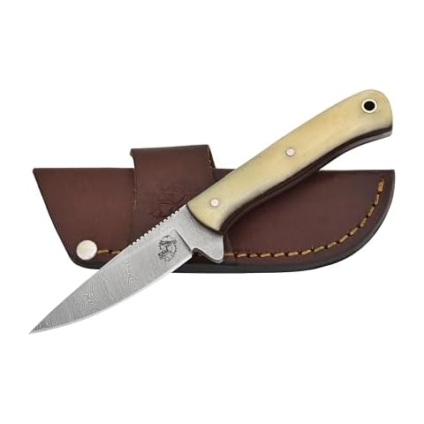 Knives Ranch 7" Fixed Blade EDC Knife with Sheath - Damascus Steel Hunting Knife - Full Tang - Bone Handle - Horizontal Carry Leather Sheath Snug Fit (3056-B) Cover