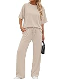 XIEERDUO Women Plus Size Loungewear Summer Two Piece Travel Outfits Spring Lounge Sets Comfy Tracksuits Side Slit Track Suits Airport Wide Leg Resort Cruise Wear Woman Vacation Clothing 3XL Apricot