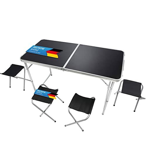 Table pliante multifonctionnelle table de camping table de marché pliante table de marché réglable en hauteur table d'appoint pour le camping (Set de camping avec 4 chaises - Noir)