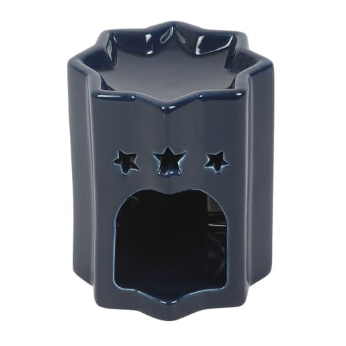 Blue Ceramic Oil Burner with Star Cut Out Design, Celestial Wax Melt Warmer, Tealight Candle Holder