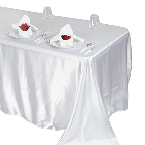 BalsaCircle 90x132 inch White Satin Rectangle Tablecloth Table Cover Linens for Wedding Table Cloth Party Reception Events Kitchen Dining