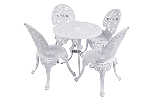 Image of BRISHI Cast Aluminium Garden Patio Seating Chair and Table Set for Balcony Outdoor Furniture with 1 Table and 4 Chair Set (White)