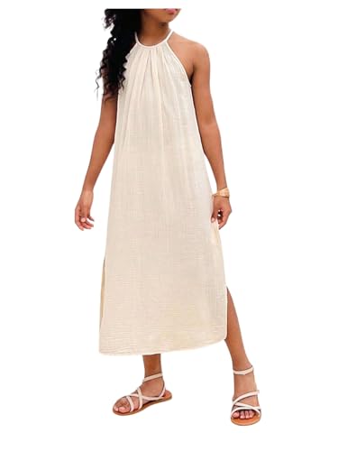 Floerns Girl's Pleated Halter Slit Midi Dress A Line Vacation Casual Loose Dresses