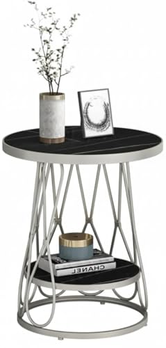 Image of Modern Side Table Corners Living Room Square Table Double Tier Sofa Side Table,Round Base Coffee Table,Portable Bedroom Nightstands Small Space (Black Grey)