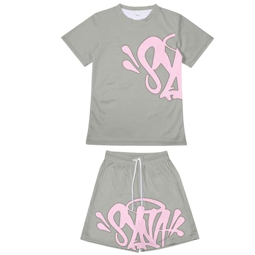 Syna World Jungen T-Shirt und Shorts Set 2 Teiliges Sommer Tracksuit Jogginganzug Trainingsanzug Brief Drucken Y2K Hip Hop Kurzarm T-Shirts und Kurze Unisex Kinder Sommer 2-Teilig Outfit Sportanzug