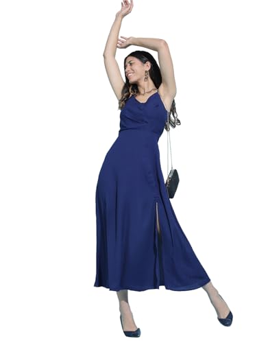Image of Tokyo Talkies Women's Maxi Length | Strappy Design | High Slit | Flowy Silhouette Glamorous | Bold Thigh-High Slit for Effortless Elegance