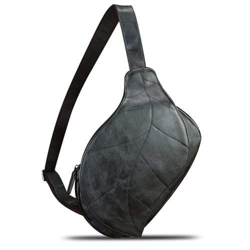 Image of IVTG Genuine Leather Sling Bag for Women Vintage Real Leather Sling Backpack Fashion Shoulder Crossbody Bags Chest Bags (Black)