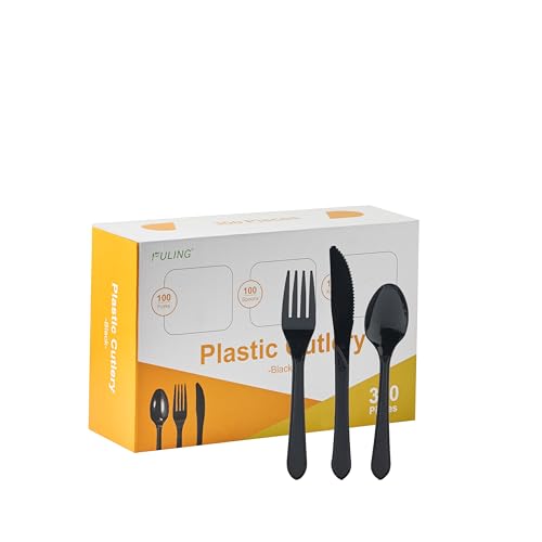 FULING 300pcs Black Plastic Cutlery Set Disposable Plastic Knives and Silverware Set - Heavyweight Reusable Utensils(100 forks 100 spoons 100 knives)