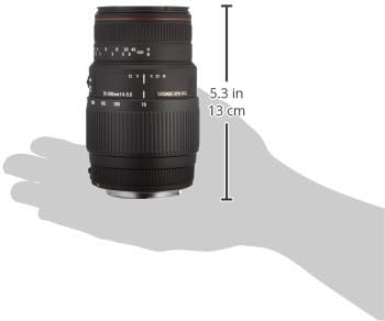 Sigma 70-300mm lens with dimensions indicated as 5.3 inches or 13 cm