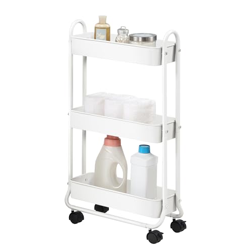 Image of SunnyPoint Slim Rolling Storage Cart, 3 Tier Bathroom Storage Organizer Bathroom, Laundry Utility Cart (White)