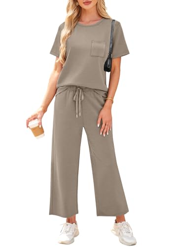 WIHOLL 2 Piece Sets for Women Casual Summer Travel Vacation Outfits Short Sleeve Wide Leg Crop Pants Lounge Sets2