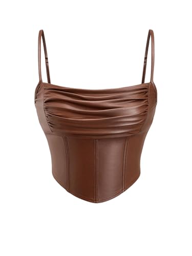 Milumia Women's Ruched Faux Leather Bustier Top Spaghetti Straps Corset Crop Tops