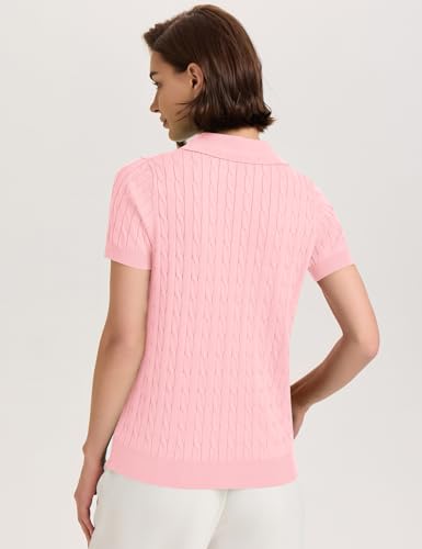 Image of Micoson Womens Short Sleeve Sweater Tops Lapel V Neck Polo Shirts 2026 Summer Cable Knit Loose Blouse Business Casual Outfits