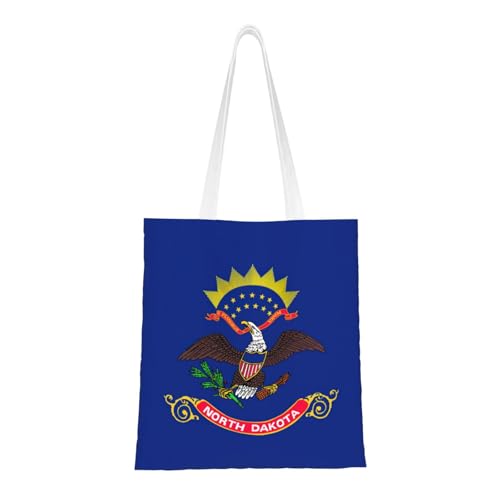 North Dakota State Flag Print Polyester Canvas Tote Bag, Shopping Bag With Reinforced Handles, Reusable