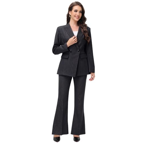 Lamgool Women's Pinstrip Suit Gold Lines 2 Pieces Slim Fit Business Blazer Flared Pants Set for Work2