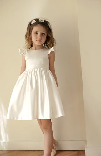 Ruffle Sleeve Flower Toddler Girl Dress for Wedding Silky Satin First Communion Dress Sage Satin Pageant Party Baptism Dresses Kids Birthday Gown with Bow-Knot Sage Size 62