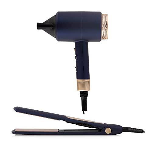Carmen Twilight Pro DC Keratin Hair Dryer and Ceramic Straightener Gift Set with 3 Heat and 2 Speed Settings Blue and Champagne C81127BC