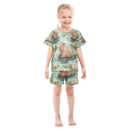 Pajama Sets Short Sleeve Swimming Capybara Pattern Soft Cotton Summer Sleepwear 2 Piece PJS Size 5-14T4