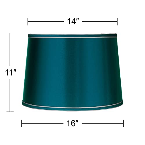 Sydnee Satin Teal Blue Large Drum Lamp Shade 14" Top x 16" Bottom x 11" High (Spider) Replacement with Harp and Finial - Springcrest