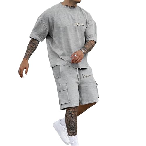 Men Outfits 2 Piece Fashion Casual Drop Shoulder Oversize Tee Shirt Shorts Set Athletic Jogging Summer Tracksuits