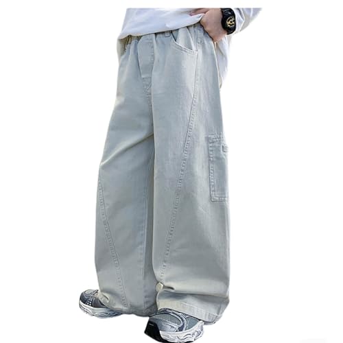 Boys Wide Leg Jeans Baggy Casual Denim Cargo Pants Loose Fit Lightweight Comfortable Trousers with Pockets