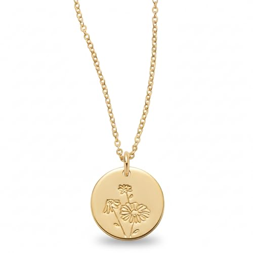 Made By Mary Birth Flower Necklace 14K Gold Filled | Minimalist Layering Jewelry | Elegant Everyday Necklace | Adjustable Chain | 16 in | in Hand-Stamped Disc Pendant | Daisy | April