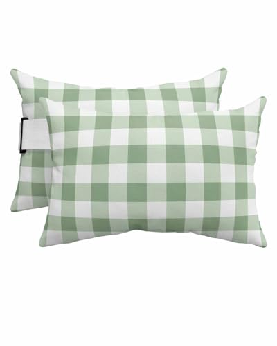 HERBED Outdoor Pillows Covers with Inserts Geometric Simple Green Plaid Waterproof Pillow with Adjustable Strap Throw Pillows for Patio Furniture Pool Lounge Chair, 12x20 Inch, 2PCS