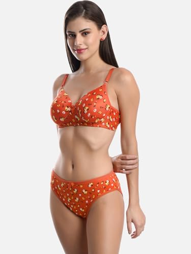 Image of FIMS - Fashion is my style Cotton Flower Print Padded Bra Panty Set for Women, Non Wired, Full Coverage, Tshirt, Back Closure, Push up, Teenage, Regular, Soft Cups