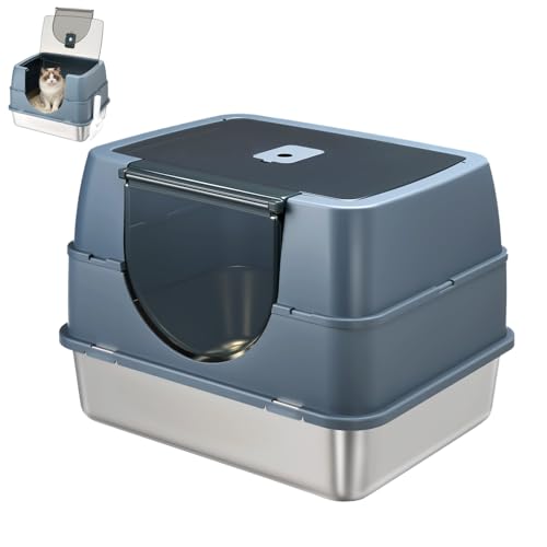 Modign Stainless Steel Litter Box with Lid,Side Entry Large Litter Box,Enclosed High Sided Litter Boxes with High Sided Enclosure&Scoop,Anti-Urine Leakage Non-Sticky for Kitty&Medium Cats(Grey)