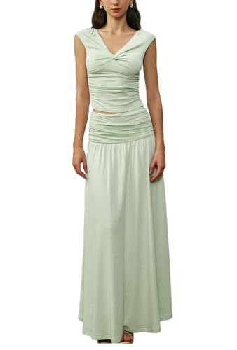Image of Two Piece Skirt Set for Women - Sexy Sleeveless Spaghetti Strap Pleated Tank Top Maxi Long Skirts Sets