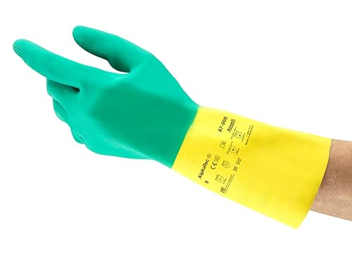 Ansell AlphaTec 87-900 Guantes de Trabajo Multiusos, Resistencia Química, Duración y Agarre Firme, Forro con Flocado Algodón, Guante de Trabajo Hombre Mujer, Verde, Talla XL (12 Pares)